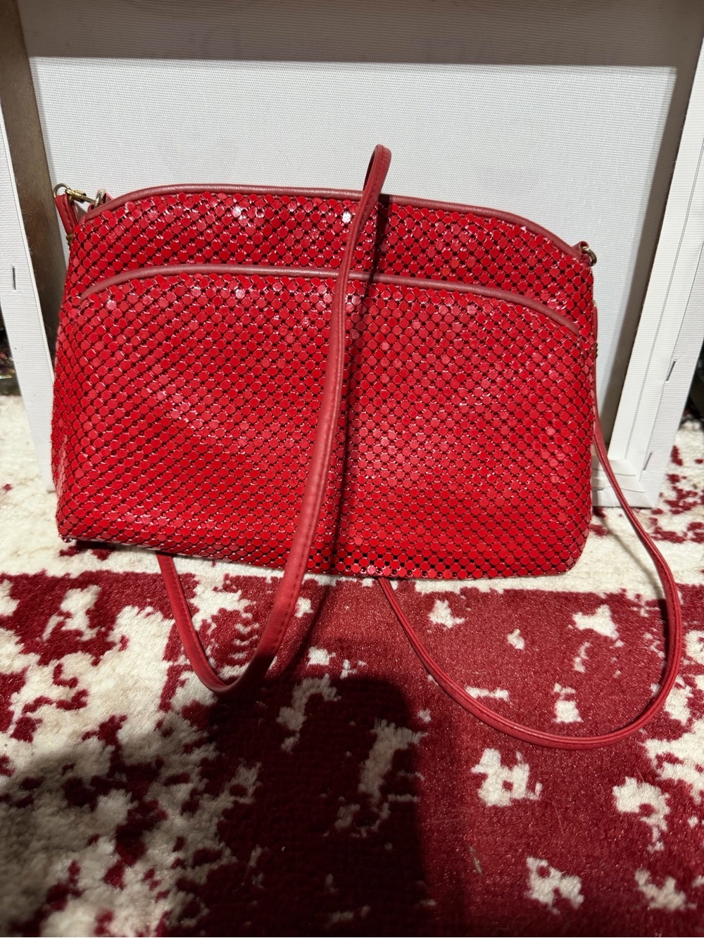 Vintage Whiting & Davis Red Metal Mesh Crossbody Top Zip Evening Bag